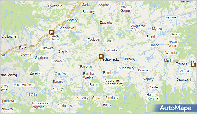 mapa Niedźwiedź powiat limanowski, Niedźwiedź powiat limanowski na mapie Targeo