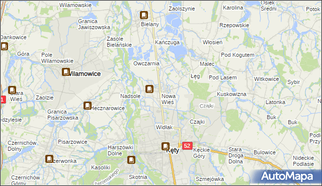 mapa Nowa Wieś gmina Kęty, Nowa Wieś gmina Kęty na mapie Targeo