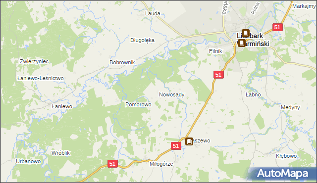 mapa Nowosady gmina Lidzbark Warmiński, Nowosady gmina Lidzbark Warmiński na mapie Targeo