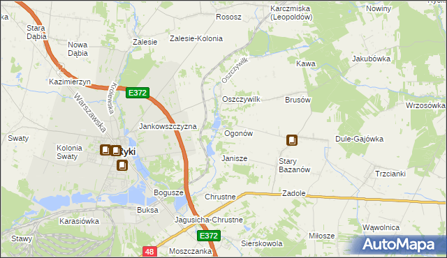 mapa Ogonów gmina Ryki, Ogonów gmina Ryki na mapie Targeo