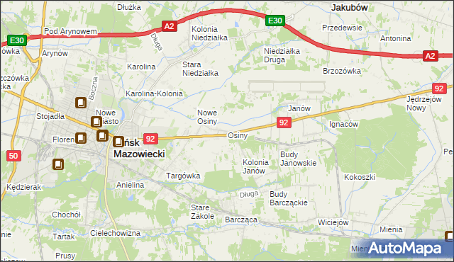 mapa Osiny gmina Mińsk Mazowiecki, Osiny gmina Mińsk Mazowiecki na mapie Targeo