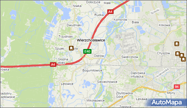 mapa Ostrów gmina Wierzchosławice, Ostrów gmina Wierzchosławice na mapie Targeo