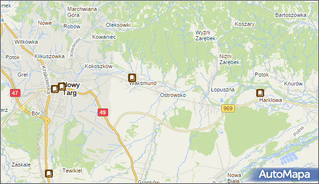 mapa Ostrowsko gmina Nowy Targ, Ostrowsko gmina Nowy Targ na mapie Targeo