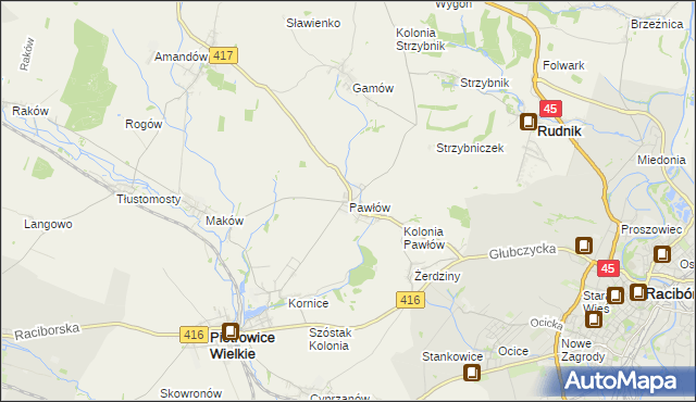 mapa Pawłów gmina Pietrowice Wielkie, Pawłów gmina Pietrowice Wielkie na mapie Targeo