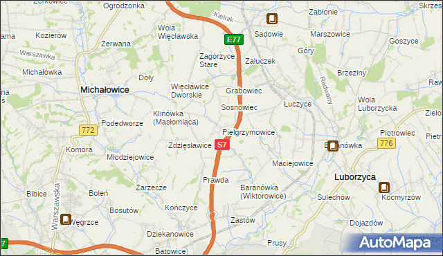 mapa Pielgrzymowice gmina Michałowice, Pielgrzymowice gmina Michałowice na mapie Targeo