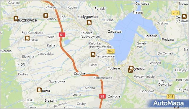 mapa Pietrzykowice gmina Łodygowice, Pietrzykowice gmina Łodygowice na mapie Targeo