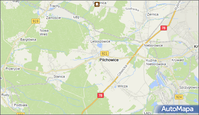 mapa Pilchowice powiat gliwicki, Pilchowice powiat gliwicki na mapie Targeo