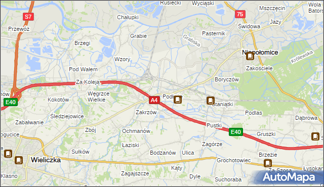 mapa Podłęże gmina Niepołomice, Podłęże gmina Niepołomice na mapie Targeo