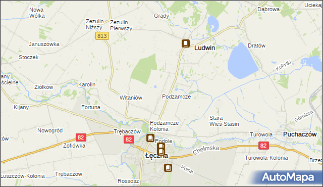 mapa Podzamcze gmina Łęczna, Podzamcze gmina Łęczna na mapie Targeo