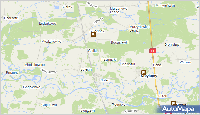 mapa Przymiarki gmina Krzykosy, Przymiarki gmina Krzykosy na mapie Targeo