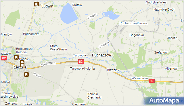 mapa Puchaczów powiat łęczyński, Puchaczów powiat łęczyński na mapie Targeo