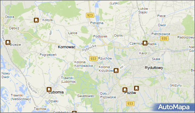 mapa Rzuchów gmina Kornowac, Rzuchów gmina Kornowac na mapie Targeo