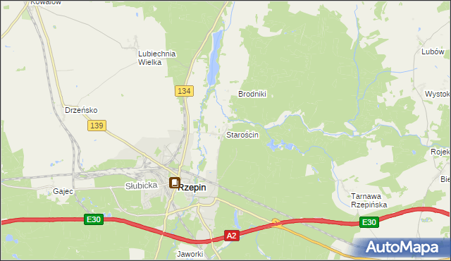 mapa Starościn gmina Rzepin, Starościn gmina Rzepin na mapie Targeo