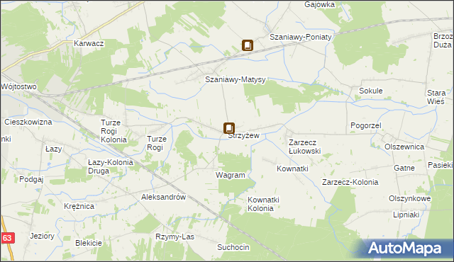 mapa Strzyżew gmina Łuków, Strzyżew gmina Łuków na mapie Targeo