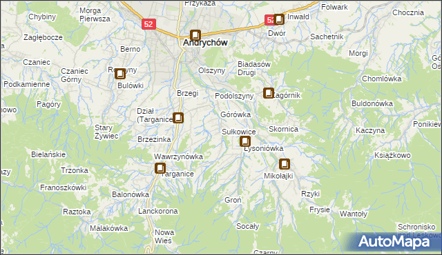 mapa Sułkowice gmina Andrychów, Sułkowice gmina Andrychów na mapie Targeo