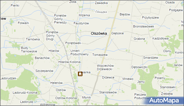 mapa Tomaszew gmina Olszówka, Tomaszew gmina Olszówka na mapie Targeo