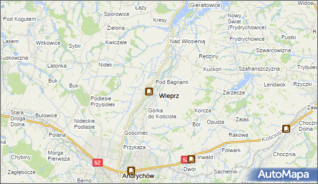 mapa Wieprz powiat wadowicki, Wieprz powiat wadowicki na mapie Targeo