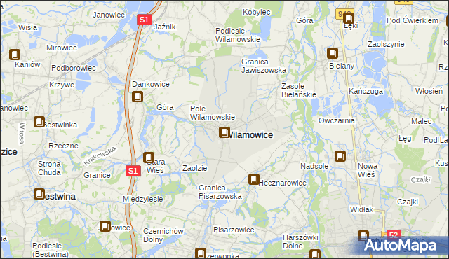 mapa Wilamowice powiat bielski, Wilamowice powiat bielski na mapie Targeo