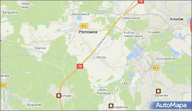 mapa Wilcza gmina Pilchowice, Wilcza gmina Pilchowice na mapie Targeo