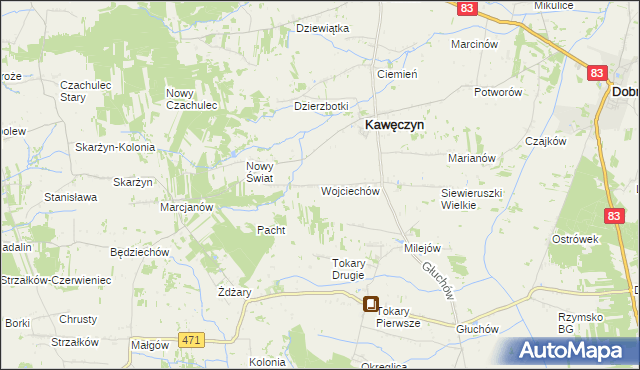 mapa Wojciechów gmina Kawęczyn, Wojciechów gmina Kawęczyn na mapie Targeo
