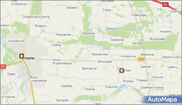 mapa Wojciechów gmina Wartkowice, Wojciechów gmina Wartkowice na mapie Targeo