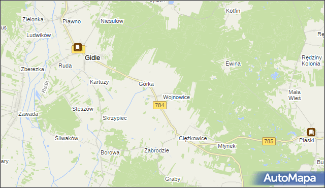 mapa Wojnowice gmina Gidle, Wojnowice gmina Gidle na mapie Targeo