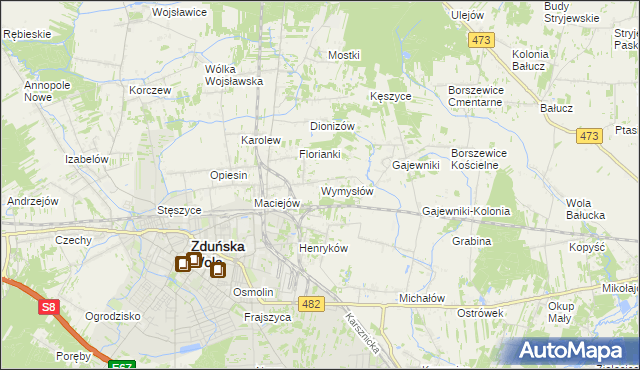 mapa Wymysłów gmina Zduńska Wola, Wymysłów gmina Zduńska Wola na mapie Targeo