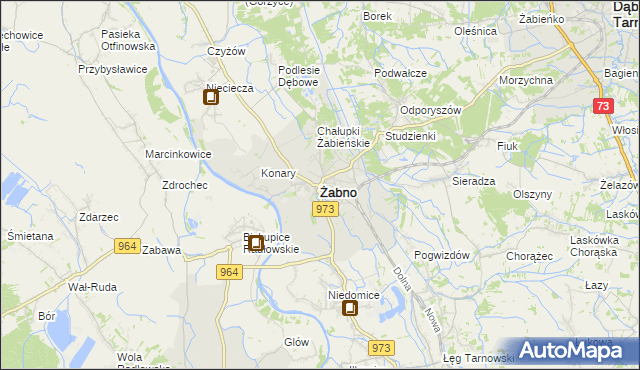 mapa Żabno powiat tarnowski, Żabno powiat tarnowski na mapie Targeo