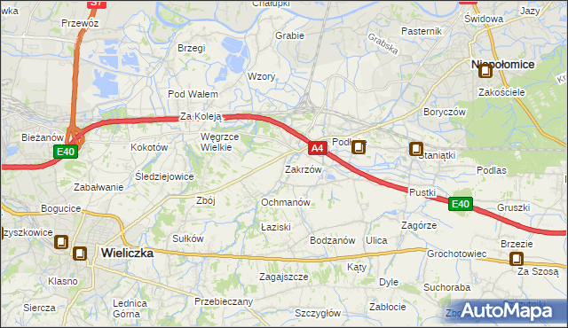 mapa Zakrzów gmina Niepołomice, Zakrzów gmina Niepołomice na mapie Targeo