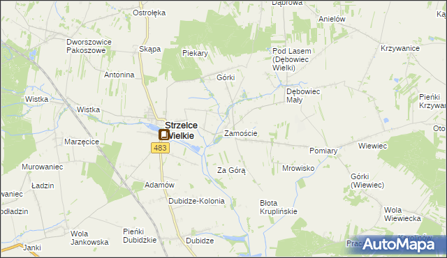 mapa Zamoście gmina Strzelce Wielkie, Zamoście gmina Strzelce Wielkie na mapie Targeo