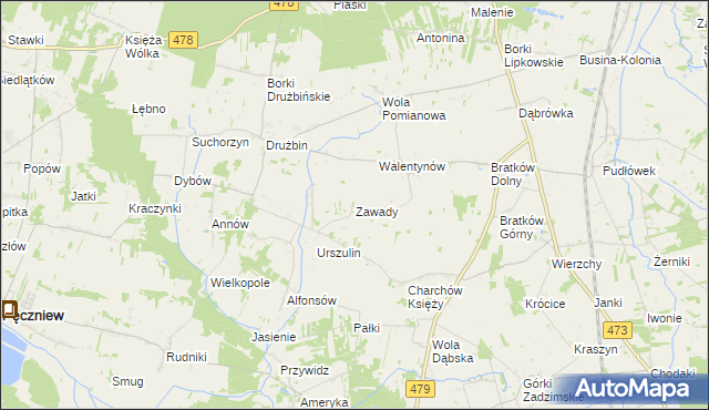 mapa Zawady gmina Zadzim, Zawady gmina Zadzim na mapie Targeo