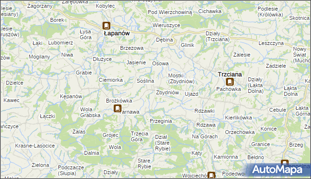 mapa Zbydniów gmina Łapanów, Zbydniów gmina Łapanów na mapie Targeo