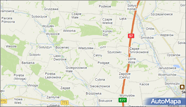 mapa Celiny gmina Iwanowice, Celiny gmina Iwanowice na mapie Targeo