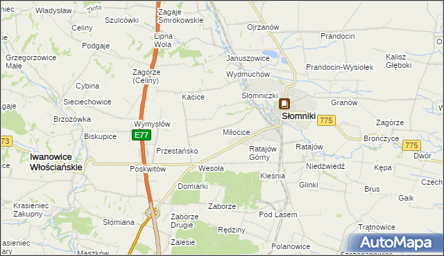 mapa Miłocice gmina Słomniki, Miłocice gmina Słomniki na mapie Targeo