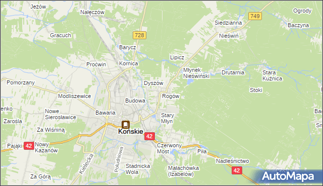 mapa Rogów gmina Końskie, Rogów gmina Końskie na mapie Targeo