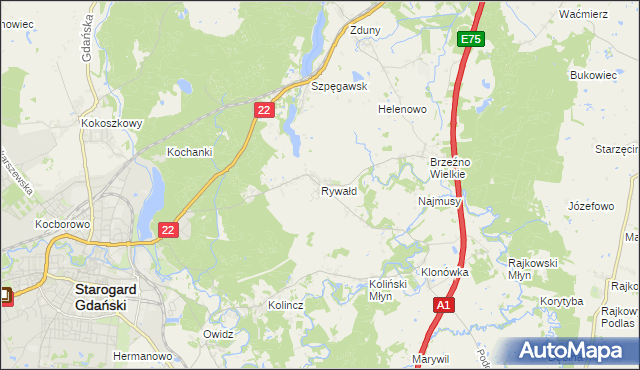 mapa Rywałd gmina Starogard Gdański, Rywałd gmina Starogard Gdański na mapie Targeo