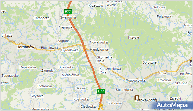 mapa Skomielna Biała, Skomielna Biała na mapie Targeo