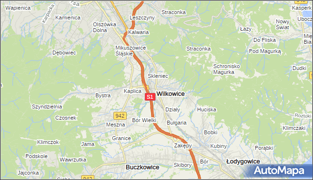 mapa Wilkowice powiat bielski, Wilkowice powiat bielski na mapie Targeo