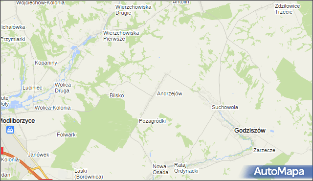 mapa Andrzejów gmina Godziszów, Andrzejów gmina Godziszów na mapie Targeo