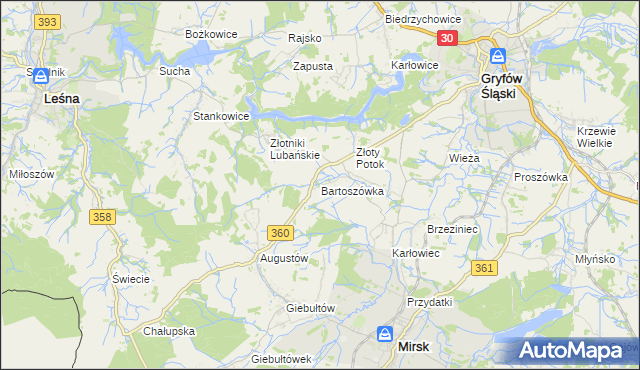 mapa Bartoszówka gmina Leśna, Bartoszówka gmina Leśna na mapie Targeo