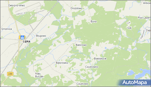 mapa Batorowo gmina Lipka, Batorowo gmina Lipka na mapie Targeo