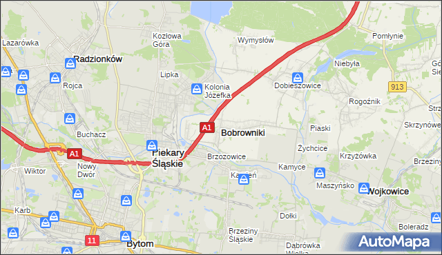 mapa Bobrowniki powiat będziński, Bobrowniki powiat będziński na mapie Targeo