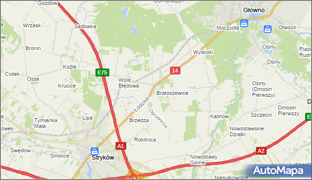 mapa Bratoszewice, Bratoszewice na mapie Targeo