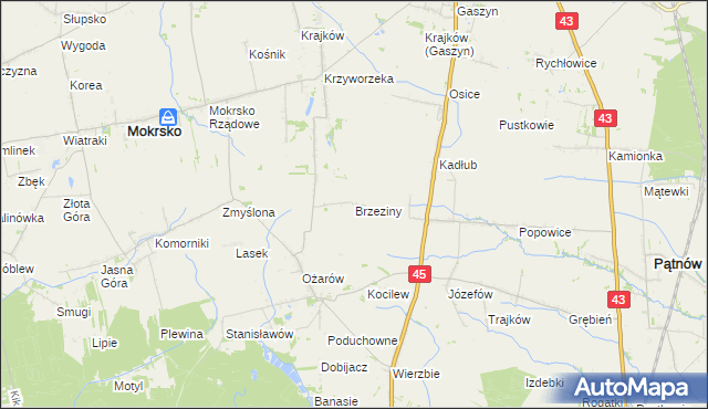mapa Brzeziny gmina Mokrsko, Brzeziny gmina Mokrsko na mapie Targeo