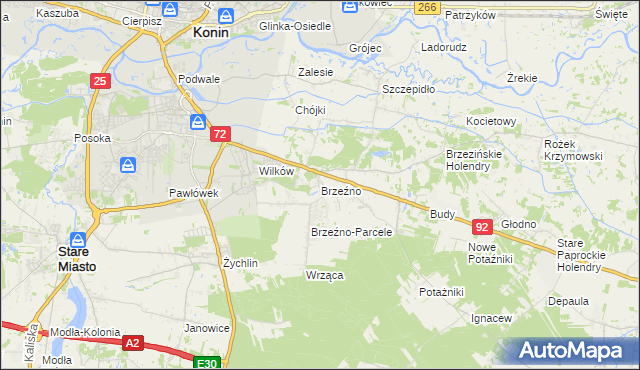 mapa Brzeźno gmina Krzymów, Brzeźno gmina Krzymów na mapie Targeo