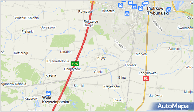 mapa Bujny gmina Wola Krzysztoporska, Bujny gmina Wola Krzysztoporska na mapie Targeo