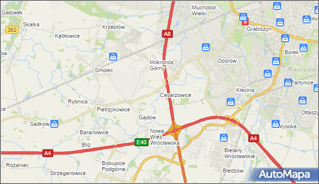 mapa Cesarzowice gmina Kąty Wrocławskie, Cesarzowice gmina Kąty Wrocławskie na mapie Targeo