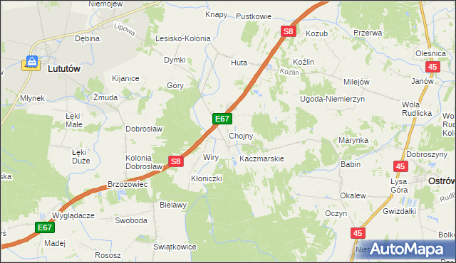 mapa Chojny gmina Lututów, Chojny gmina Lututów na mapie Targeo