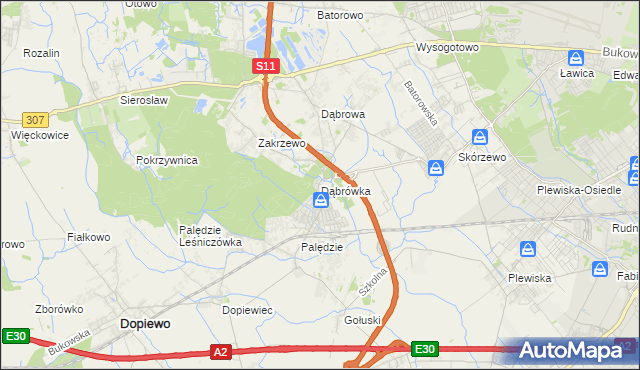 mapa Dąbrówka gmina Dopiewo, Dąbrówka gmina Dopiewo na mapie Targeo
