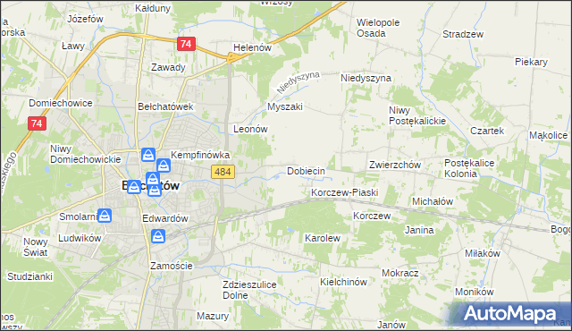 mapa Dobiecin gmina Bełchatów, Dobiecin gmina Bełchatów na mapie Targeo
